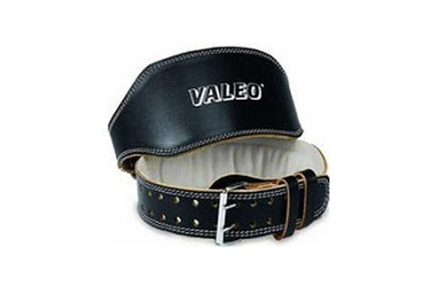 Valeo black padded weight belt with white stitching and metal buckle, shown open on white background