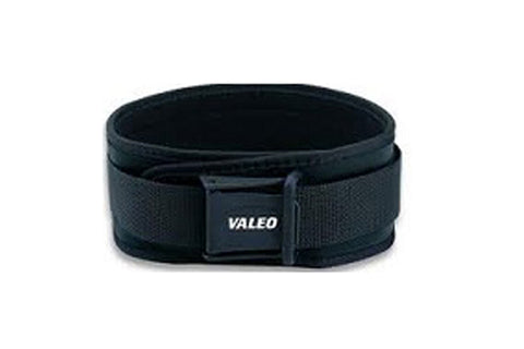 Black neoprene weight lifting belt with Valeo logo buckle and adjustable strap, shown on white background