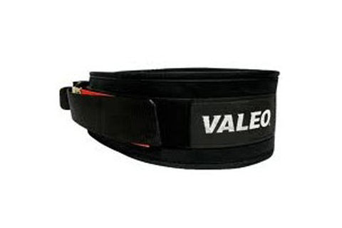 Black neoprene weight belt with Valeo branding and red velcro closure on white background