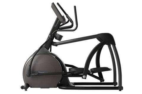 Black and gray suspension elliptical machine with digital console on white background