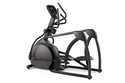 Black and gray elliptical trainer with digital display console and curved handlebars, shown on white background