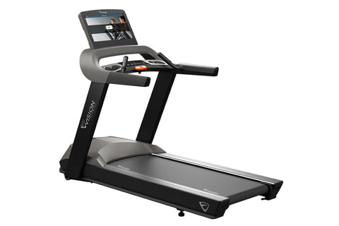 Vision T600E light commercial treadmill with black and gray frame, touchscreen display console, and cushioned running deck on