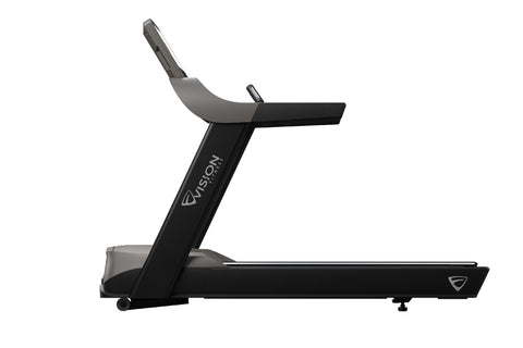 Vision T600E light commercial treadmill with black and gray frame, touchscreen display console, and cushioned running deck on