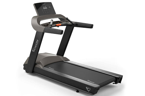 Black and gray Vision T600 light commercial treadmill with digital display console, dual handles, and textured running deck o