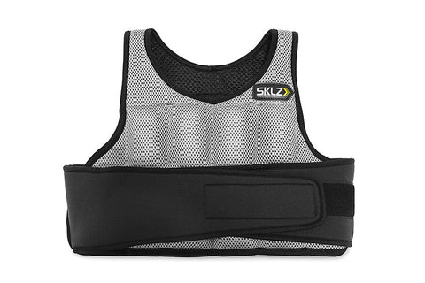SKLZ weighted training vest with white mesh front, black trim, and adjustable black waist strap on white background
