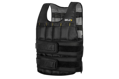 Black SKLZ weighted training vest with mesh back panels, multiple pockets, and adjustable straps on white background