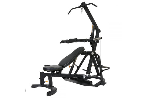 Black Powertec Levergym home workout machine with padded seat, handlebar grips, and leg press platform on white background