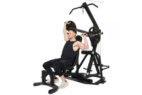 Black Powertec Levergym home workout machine with padded seat, handlebar grips, and leg press platform on white background
