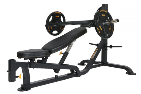 Black and gray weight bench with leg press attachment, barbell rack, and adjustable seat on white background