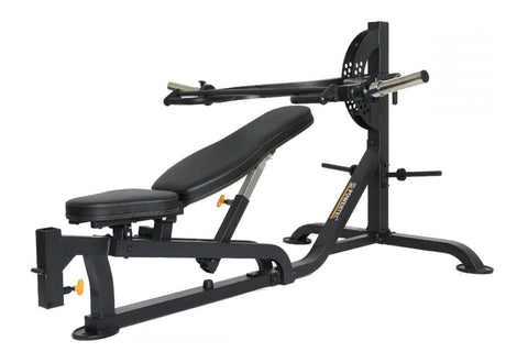 Black and gray weight bench with leg press attachment, barbell rack, and adjustable seat on white background