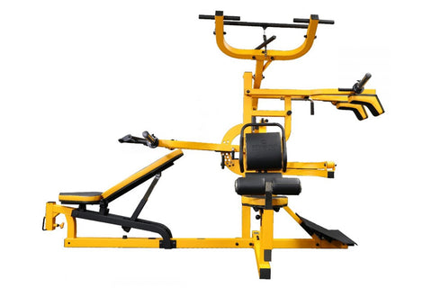 Yellow and black multi-station home gym with leg press, chest press, lat pulldown, and ab crunch stations on white background