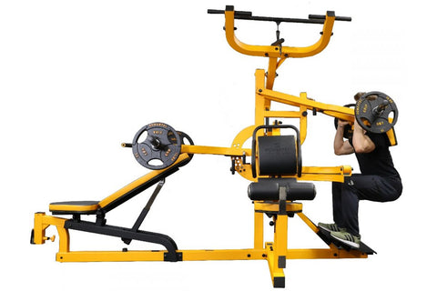 Yellow and black multi-station home gym with leg press, chest press, lat pulldown, and ab crunch stations on white background
