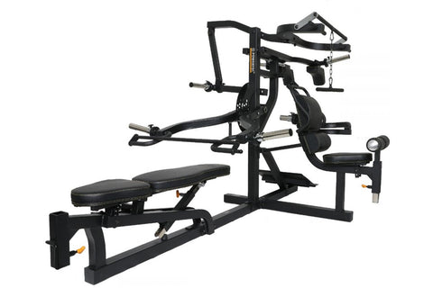 Black multi-station home gym with weight bench, leg press, chest press, and lat pulldown attachments on white background