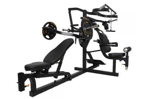 Black multi-station home gym with weight bench, leg press, chest press, and lat pulldown attachments on white background