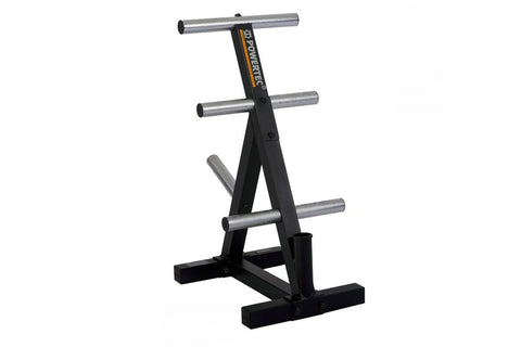Black and silver weight plate storage rack with three horizontal bars and triangular frame on white background