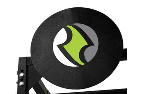 Black wall-mounted ball target with neon yellow and gray curved design element and metal mounting bracket