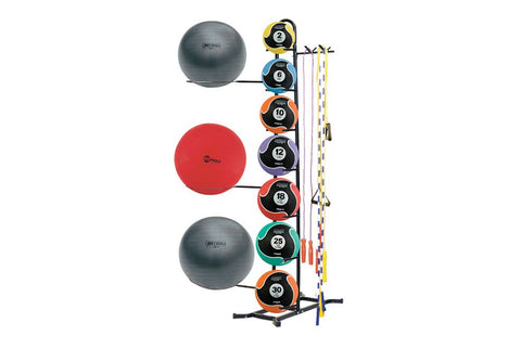 Warrior multi-purpose fitness storage rack with gray stability balls, red medicine ball, and stacked medicine balls ranging f