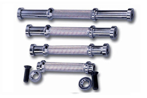 Four chrome dumbbell handles with textured grip centers and threaded metal ends on white background