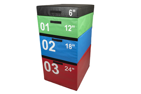 Warrior Strength black stackable plyo boxes in four sizes: 6", 12", 18", and 24", stacked on white background
