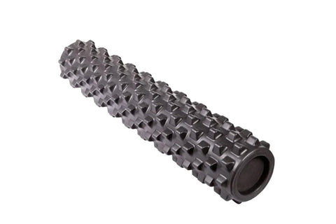 Black textured foam roller with pyramid-shaped knobs throughout, cylindrical shape on white background