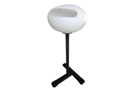 White rounded chalk box with slot opening and black tripod stand base on white background