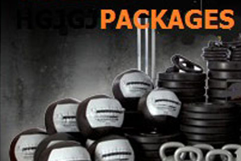 Stacked black dumbbells and weight plates with "Packages" text overlay on dark background