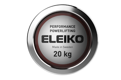 Eleiko Performance Powerlifting Bar, 20 kg, polished steel barbell on white background