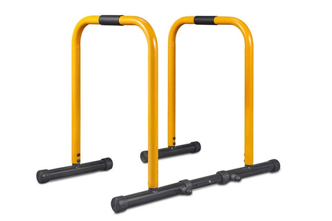 Warrior Equalizer Dip Bars with yellow steel frames and black rubber handles on white background
