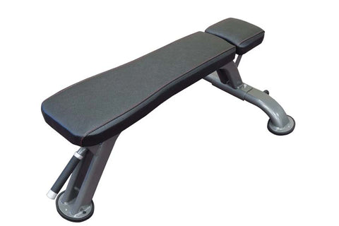Black padded flat weight bench with adjustable headrest and sturdy metal frame on white background