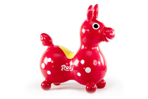 Red inflatable bouncy horse with white polka dots, yellow mane, and bunny ears, on white background