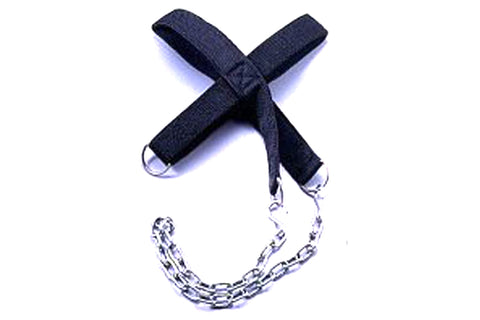 Navy blue padded head harness with metal D-rings and silver chain attachment, flat lay on white background