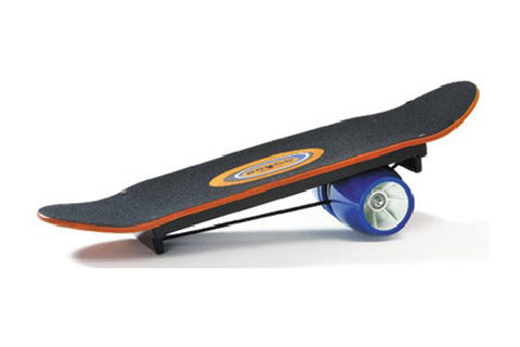 Skateboard with black grip tape, orange trim, and blue wheel on white background