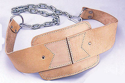 Tan leather padded dip belt with metal chain and hook attachment, shown on white background