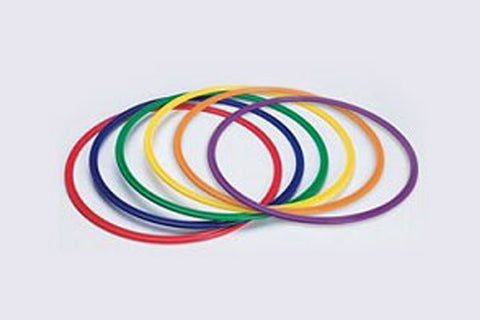 Set of 12 colorful plastic agility rings in red, navy, green, yellow, orange, and purple, arranged in overlapping circles on 