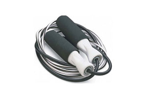 Warrior jump rope with black leather handles and white grip accents, coiled gray cable on white background