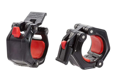 Warrior Lockjaws black and red barbell collar clamps with lever lock mechanism, shown from two angles