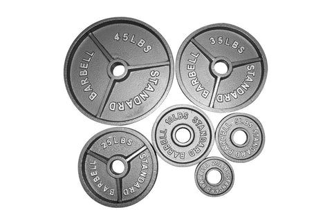 Cast iron Olympic weight plates in various sizes ranging from 10 lbs to 45 lbs, displayed on white background