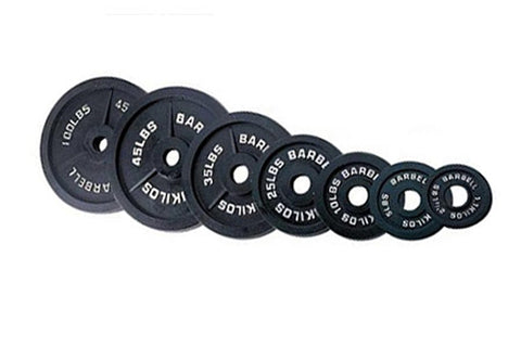 Cast iron Olympic weight plates in various sizes ranging from 10 lbs to 45 lbs, displayed on white background