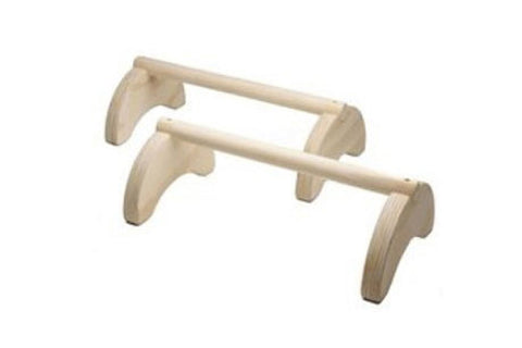 Natural wood parallettes set with two horizontal bars and curved leg supports on white background