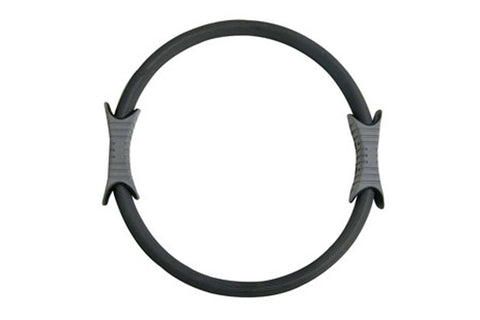 Black pilates ring with gray textured handles on white background