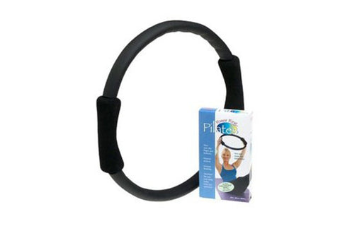 Black pilates ring with padded handles on white background