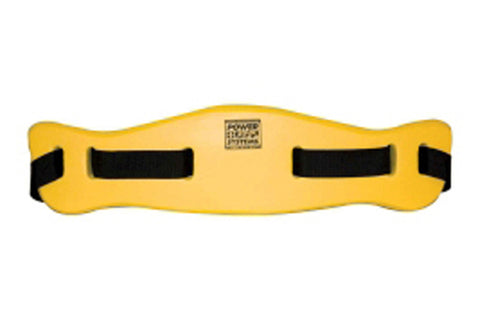 Yellow water flotation belt with black straps and contoured design, flat lay view