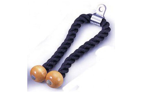 Warrior Pro Rope with wooden ball ends and silver metal clip, black twisted nylon cord on white background