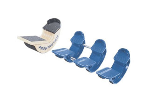 Warrior Prostretch blue hockey goalie pad set with cream and charcoal colorway, shown in flat lay arrangement on white backgr