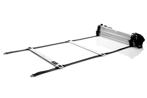 Warrior Quick Ladder Pro agility ladder with black frame and white rungs, rolled up on white background