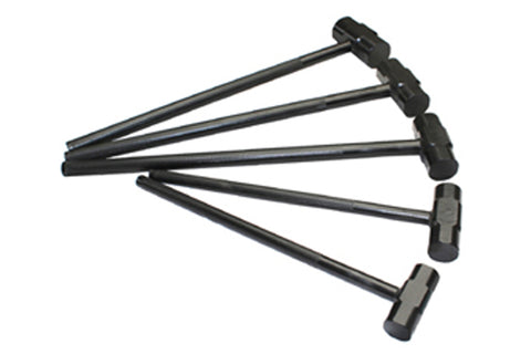 Set of five black hammers with metal shafts and rubber grip handles, arranged in a fan pattern on white background