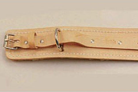 Tan leather belt with silver buckle and attachment loop on white background