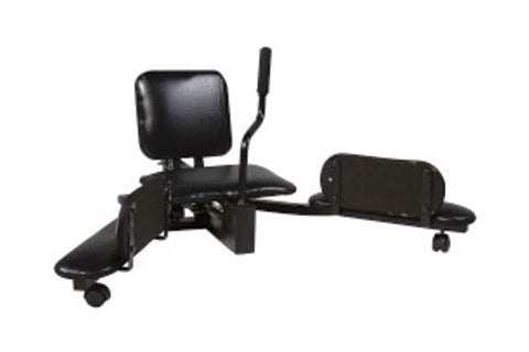 Black leg stretch machine with padded seat and backrest, adjustable leg extension platform, and rotating seat on casters, fro