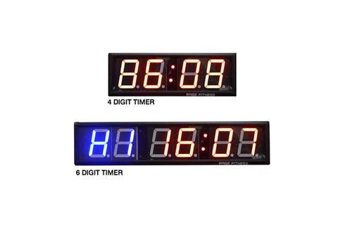 Warrior Wall Timer displaying two digital timer models: 4-digit timer with red LED numbers and 6-digit timer with blue and re