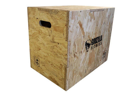 Three stacked natural wood plyo boxes with heights of 16 inches, 20 inches, and 24 inches, showing dimensions and metal corne